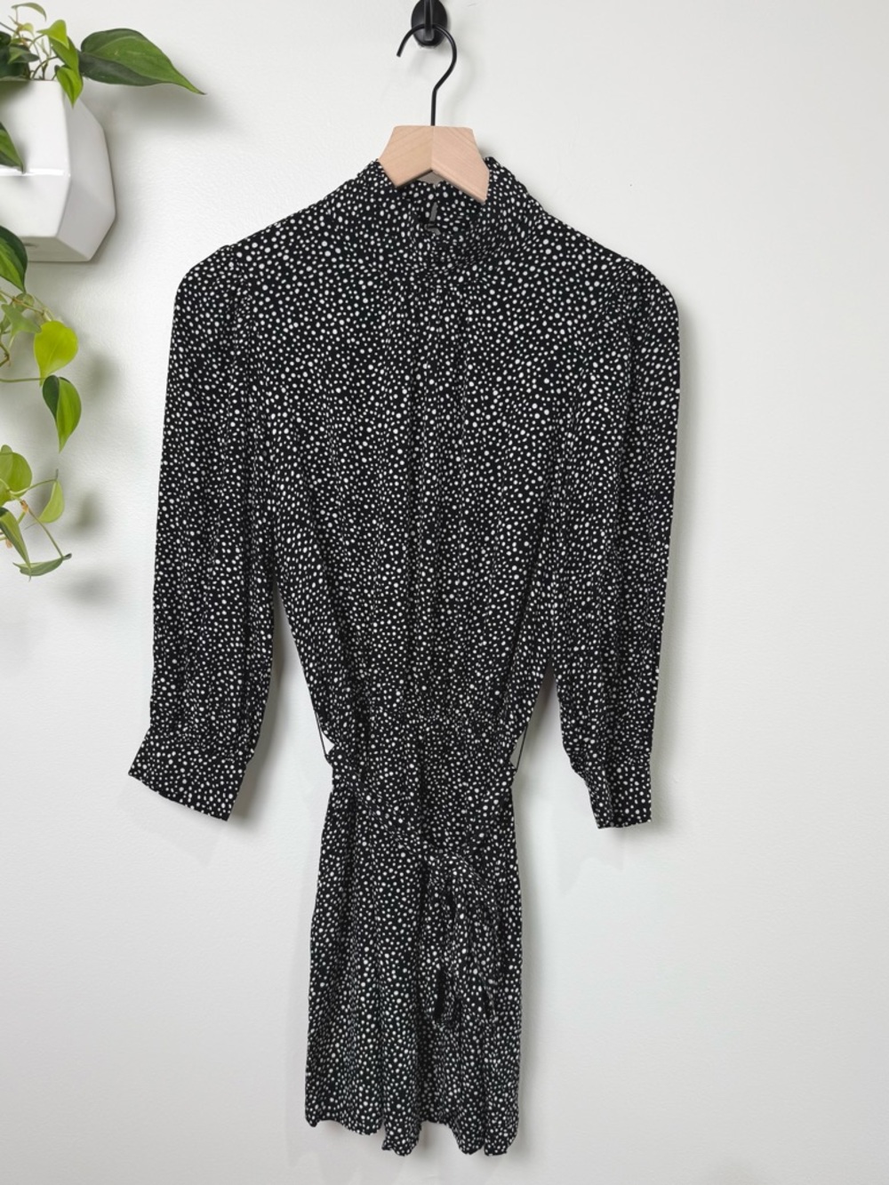 Sanctuary Polka Dot Mini Dress Black White Long Sleeve Mock Neck Tie Waist 4